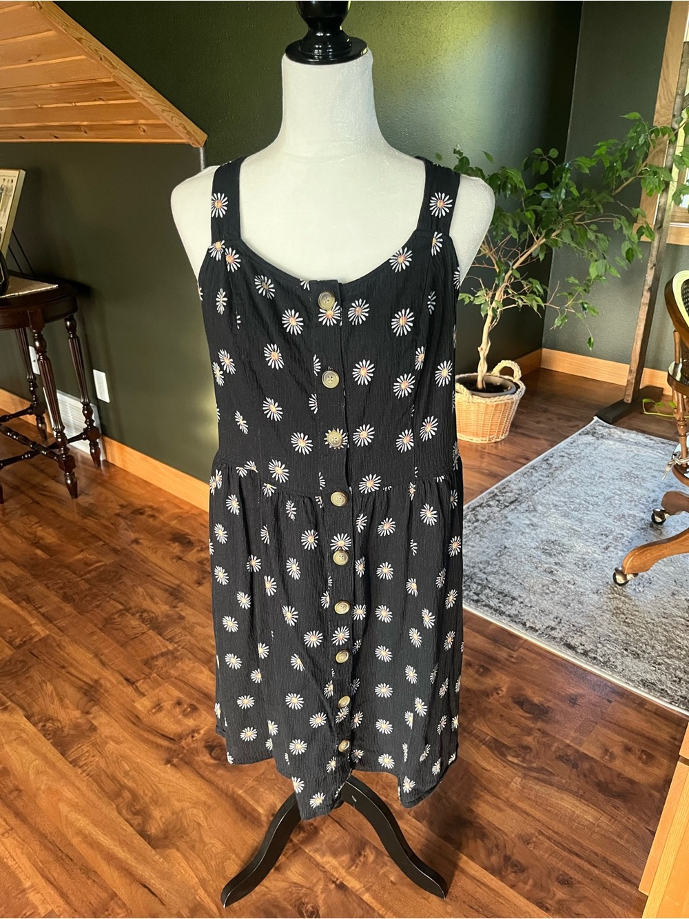 SO Black Daisy Print Sundress with White and Yellow Accents